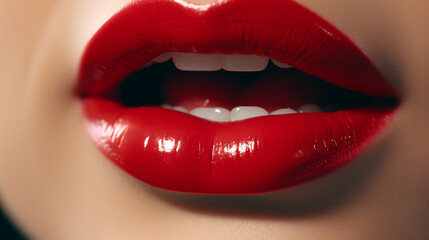Lips painted with red color close up