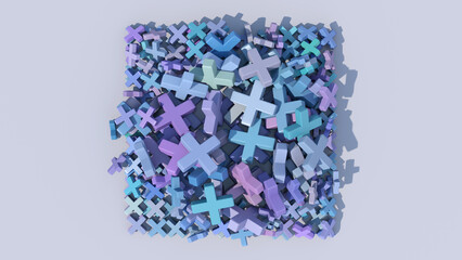 Group of blue and purple cross shapes. Gray background. Abstract illustration, 3d render.