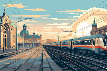 Railway station with train in Germany - obrazy, fototapety, plakaty