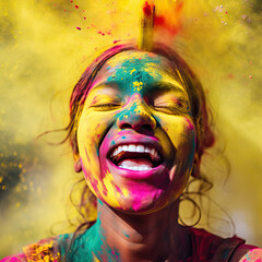 Woman smiling and celebrating holi festival in a crowd, with coloured vibrant powder in the air