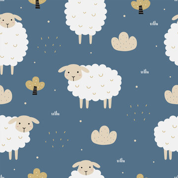 Seamless pattern with cute sheep and forest elements. Cartoon animal background. For prints, wallpapers, wrapping, textiles, vector illustrations