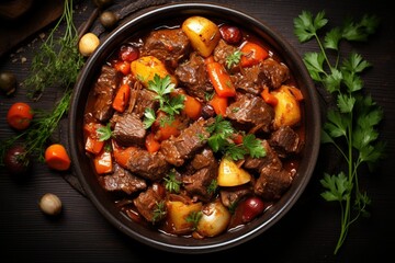 Beef bourguignon stew with vegetables. Close up. Top view