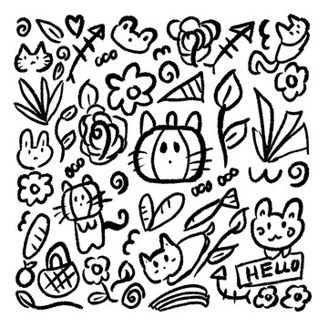 Doodles small animals, hearts, trees, flowers, fish bones, minimal lines, symbol
