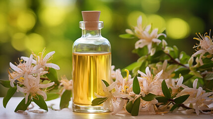 bottle, jar, essential oil extract, honeysuckle flower, essential oil - obrazy, fototapety, plakaty