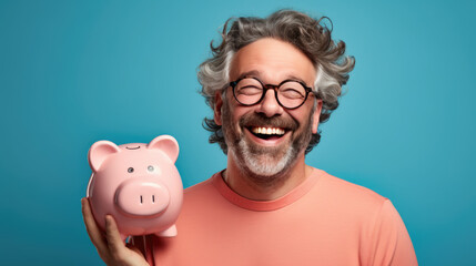 Man smiling broadly, and holding a piggybank, signifying responsible financial planning and savings. - obrazy, fototapety, plakaty