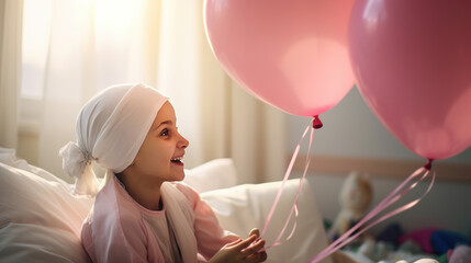 A little girl with cancer in a hospital room with balloons. - obrazy, fototapety, plakaty