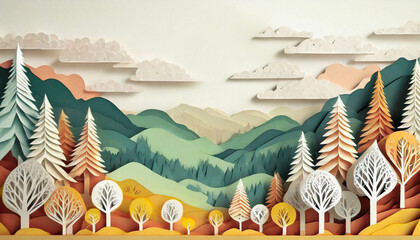 Outside nature scene with mountains and trees, in a cut paper collage style. Generative AI
