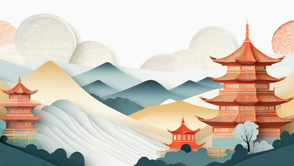 Naklejka premium A beautiful mountain scene with Chinese pagoda building, in a cut paper collage style. Generative AI 