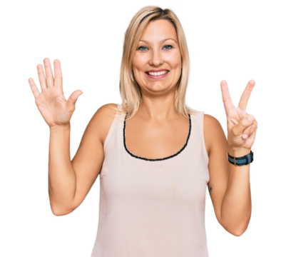 Middle age caucasian woman wearing casual clothes showing and pointing up with fingers number seven while smiling confident and happy.