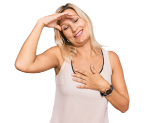 Middle age caucasian woman wearing casual clothes touching forehead for illness and fever, flu and cold, virus sick