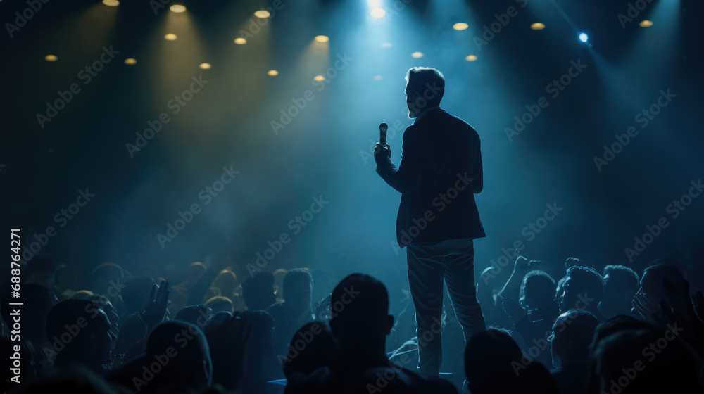Poster man in a suit speaking into a microphone in front of an audience in a dark auditorium.