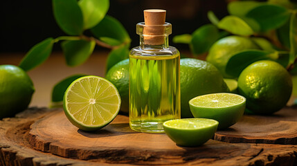 bottle, jar of lime essential oil extract - obrazy, fototapety, plakaty