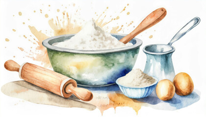 A set of baking ingredients, in a colorful watercolor style. Generative AI
