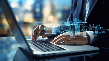 Person is using a laptop with a futuristic blue cyber network graphic overlay