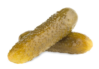 Two pickled cucumbers isolated on a white background.