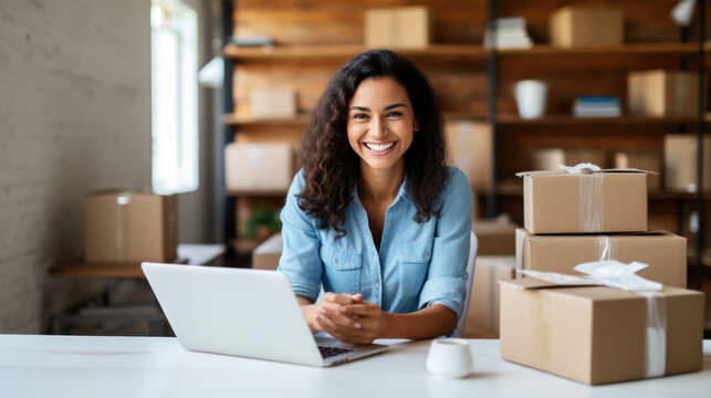 Smiling woman in a warehouse or storage room filled with boxes, working on a laptop