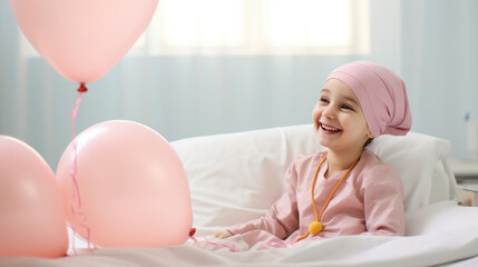 A little girl with cancer in a hospital room with balloons.