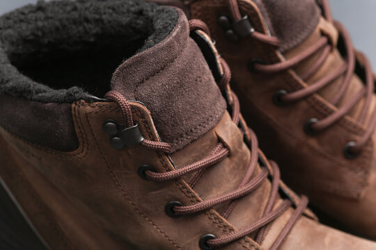 Close-up of lacing on winter boots