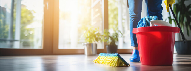 Low section of a person cleaning floor with wet mop at home.