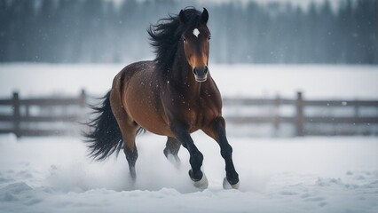 wild horse running towards the camera in snowfall


