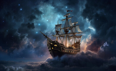 Fototapeta premium A pirate ship flying through the clouds in the night sky.
