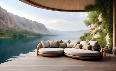A comfort sofa with lake and mountains background. - obrazy, fototapety, plakaty