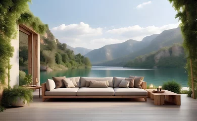 Papier Peint photo autocollant Marron profond A comfort sofa with lake and mountains background.