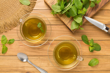 Fresh mint tea on wooden background,top view
