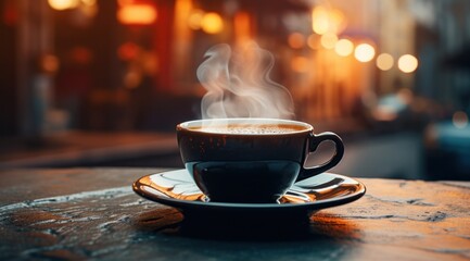 a black coffee cup in front of a plate with steam rising, - obrazy, fototapety, plakaty