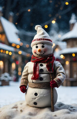 Obraz premium A cute snow man with Christmas village background.