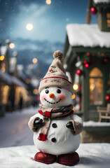 Obraz premium A cute snow man with Christmas village background.