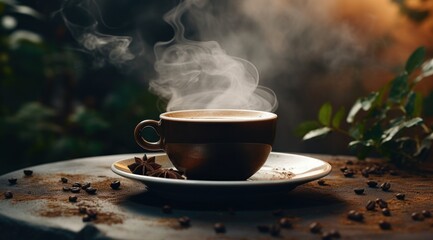 Fototapeta premium a black coffee cup in front of a plate with steam rising,