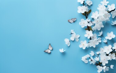 a blue backdrop with blooming blossoms, butterflies and blossoms,