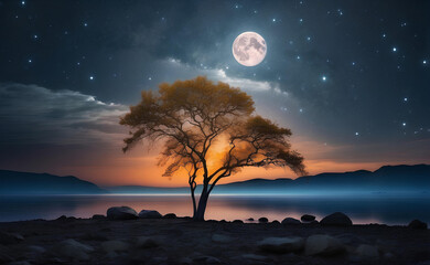 A tree with the moon and stars.