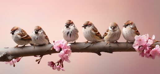 a bunch of sparrows sitting on a branch in front of a pink flower bouquet,