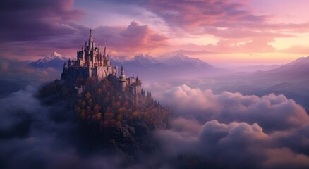 a castle in a scenic scene among the clouds,