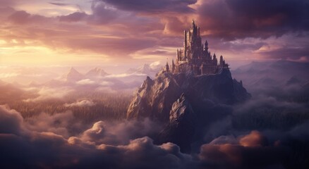 a castle in a scenic scene among the clouds,