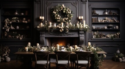 a christmas dining room with candles on the table and some flowers near a fireplace,