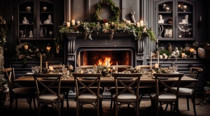 a christmas dining room with candles on the table and some flowers near a fireplace,