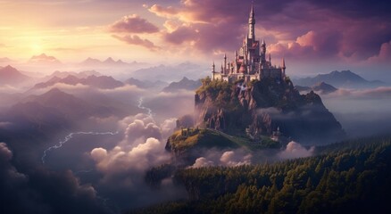 a castle in a scenic scene among the clouds, - obrazy, fototapety, plakaty