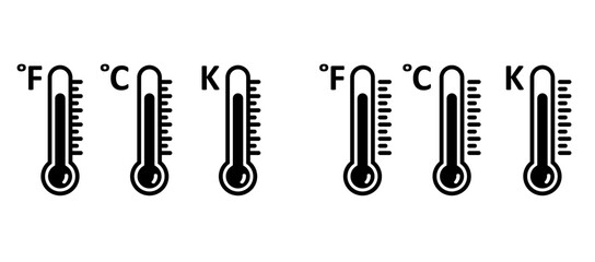 Fahrenheit, kelvin or Celsius meteorology thermometers set. Thermometer or temperature indicate. Hot or cold sign. Weather, season scale. Absolute zero, water freezes and water boils. - obrazy, fototapety, plakaty