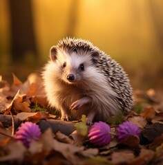 Obraz premium a cute hedgehog posing against a yellow leaf,