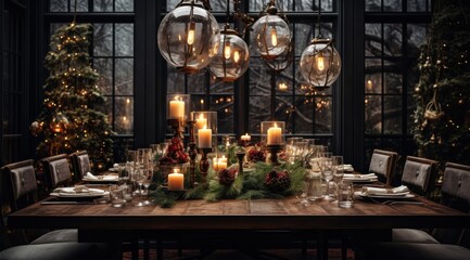 Fototapeta na wymiar a dark dining table with candles and christmas lighting,