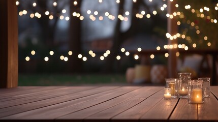 a deck with christmas lights outside