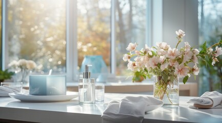 Fototapeta premium a dining table sitting in a windowed bathroom,