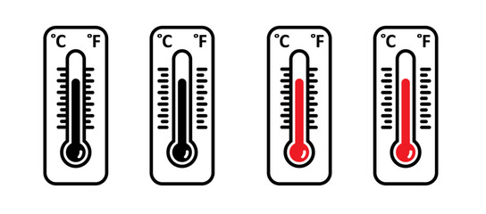 Fahrenheit, kelvin or Celsius meteorology thermometers set. Thermometer or temperature indicate. Hot or cold sign. Weather, season scale. Absolute zero, water freezes and water boils. - obrazy, fototapety, plakaty