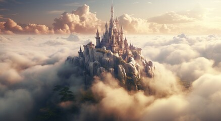 Fototapeta premium a fairytale castle rising up from the clouds in the sky,