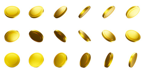 Set of stacks of gold coins on a transparent background Golden coin flat icon set PNG. 