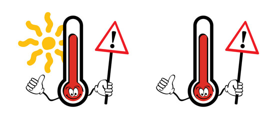 Caution, summer concept. Warning high temperature  signboard. Thermometer or temperature indicate. Hot weather sign. Very hot and scorching. Bright sun, risk of getting of heat stroke.