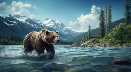a grizzly bear on water standing near the rocky shoreline,